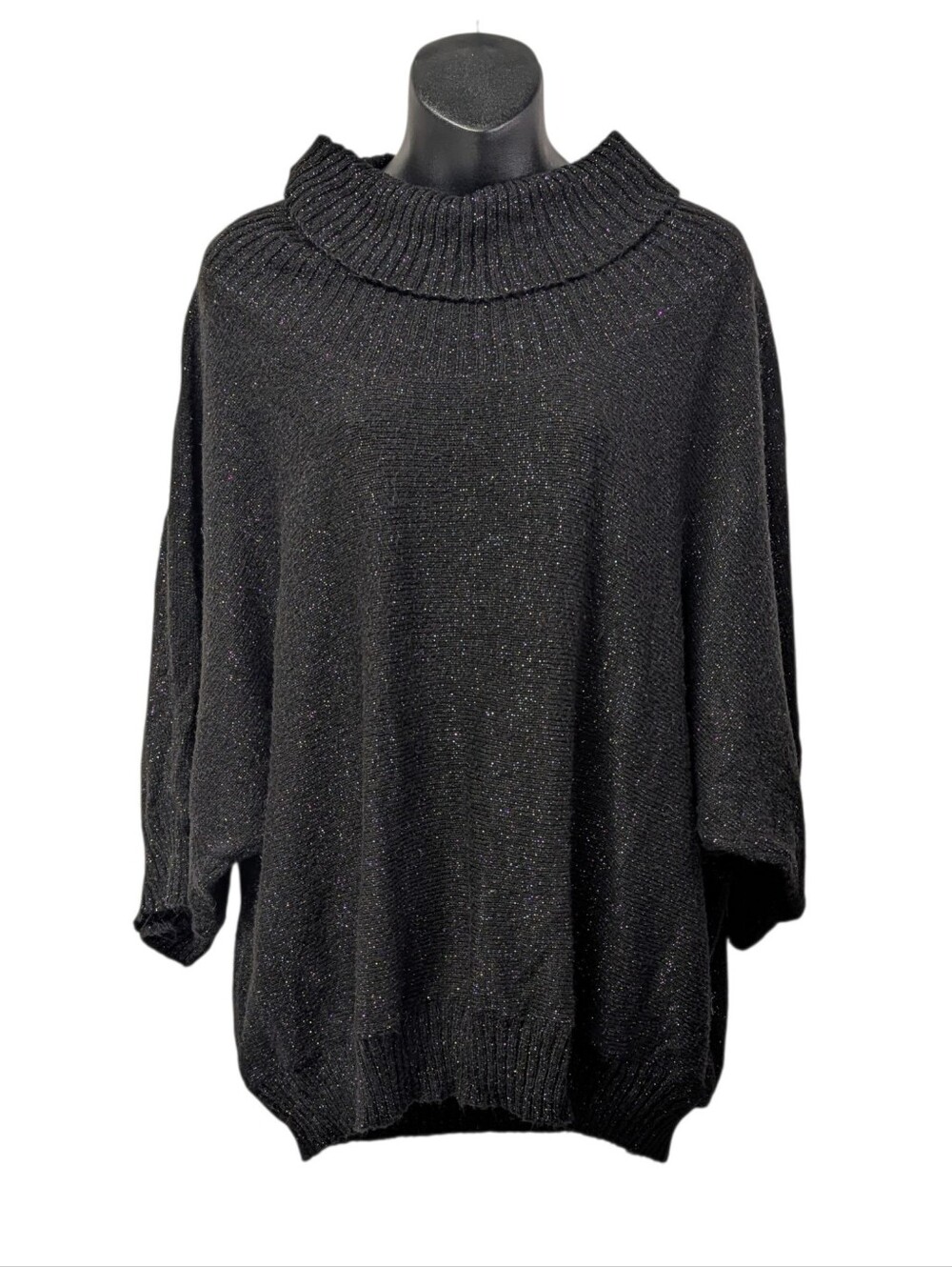 Notations Women's Plus 2X Black Knit Cowl Neck Dolman Glitter Metallic Sweater